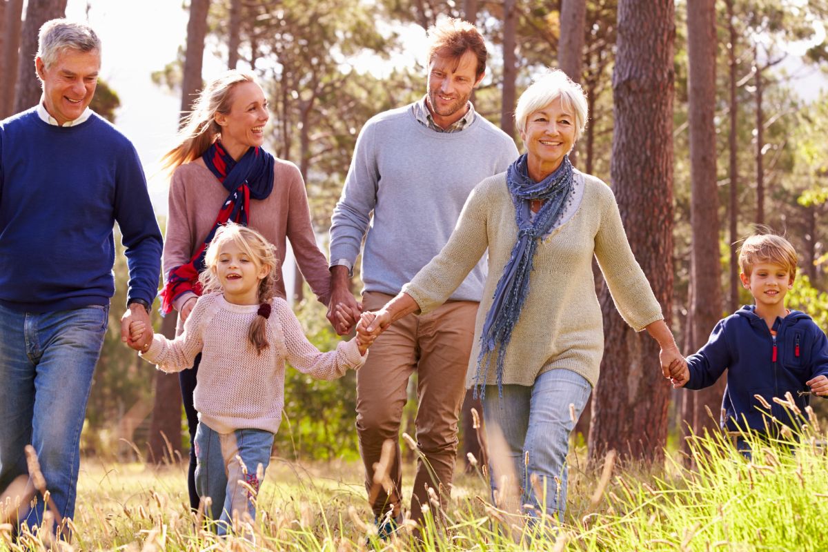 family of 3 generations walking